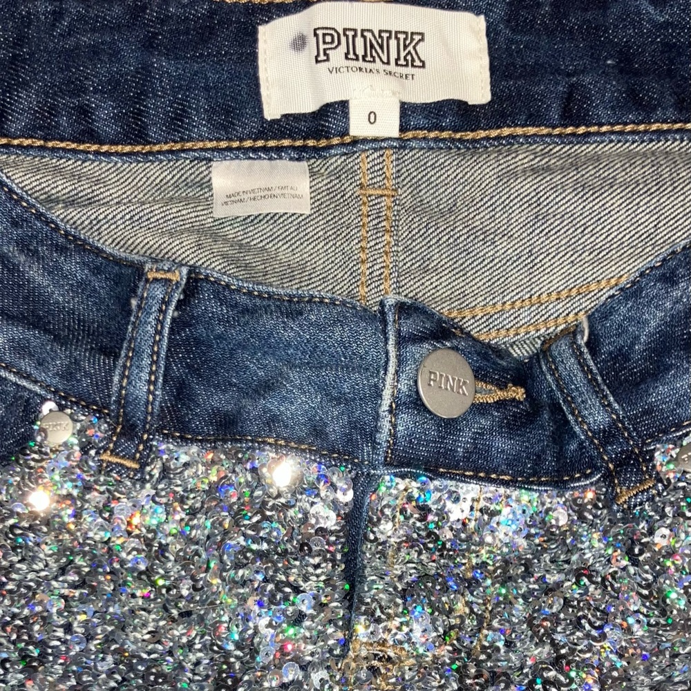 Victoria’s Secret Pink Denim Rainbow Silver Sequin Dark Blue Jean Shorts 0 RARE - Picture 4 of 8
